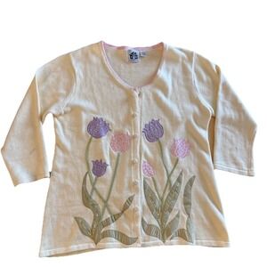 Storybook Knits Womens Cardigan Tulip Applique Sequin Easter Spring pastel Sz XL